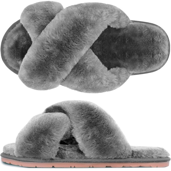 Shoes - Womens House Fuzzy Slippers, Cross Band Slippers, Soft Plush Cute Slippers